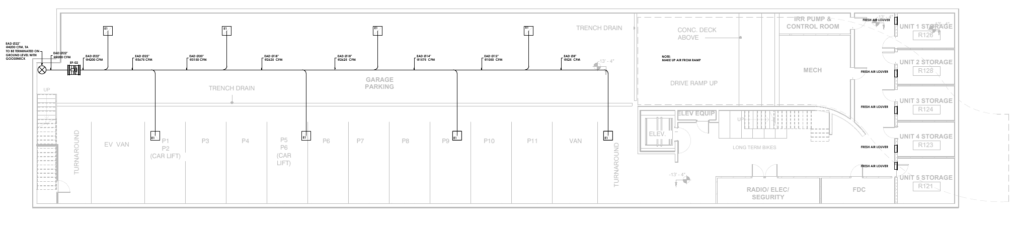 Basement parking mechanical plan with exhaust duct routing, ventilation outlets and service spaces.