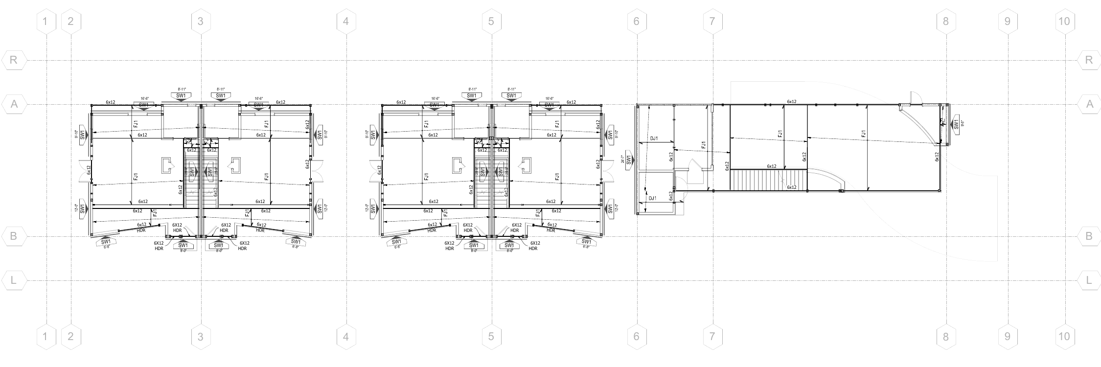 Three structural building volumes showing framing for the five-townhome development in Fremont.