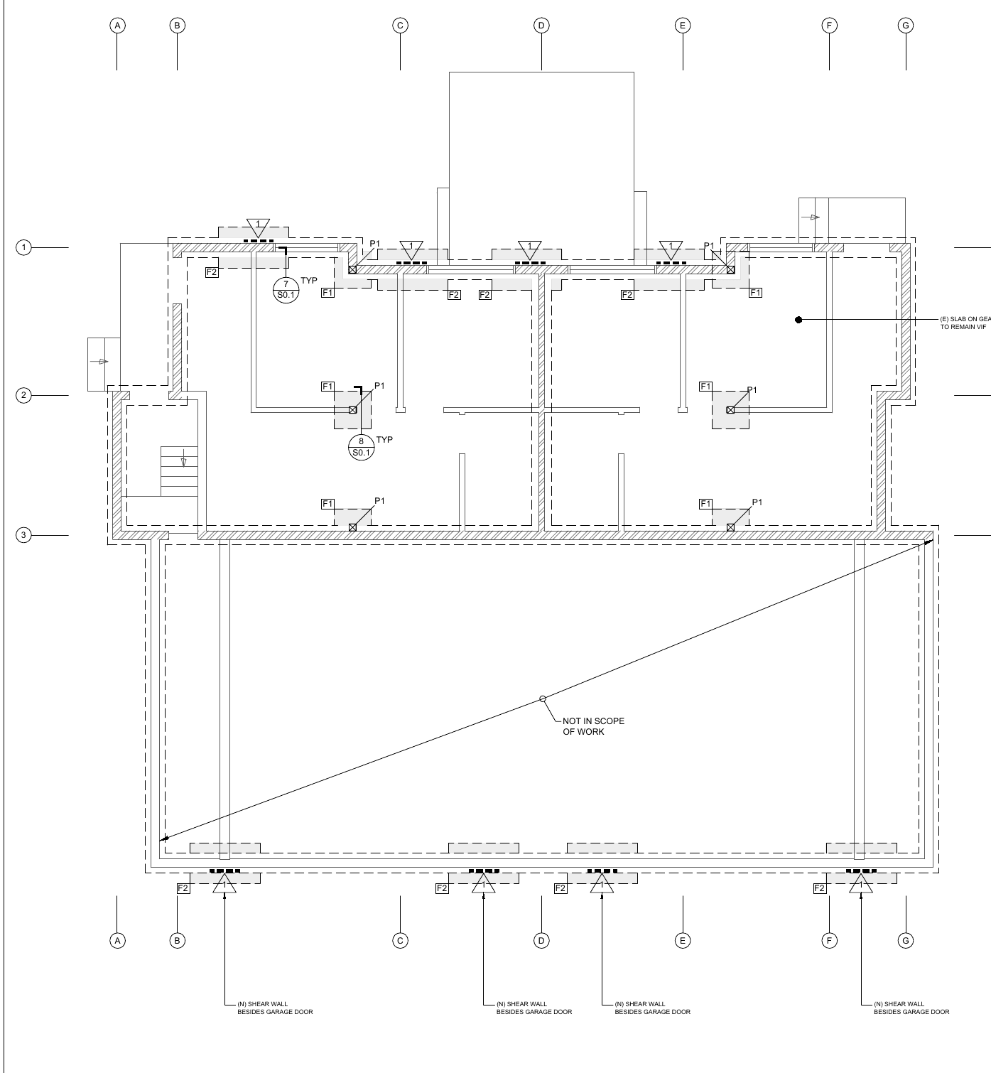 Basement structural plan with footings, posts and shear-wall locations at garage openings in an Oakland multifamily building.