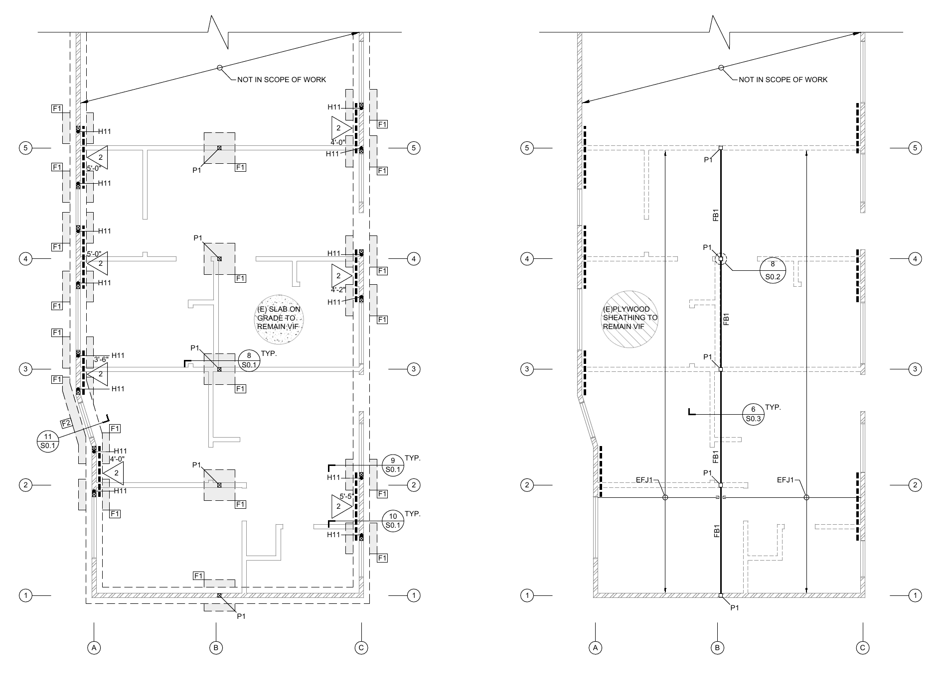 Foundation and framing plans for an Oakland multifamily remodel, with new footings, posts, beams, and shear walls.