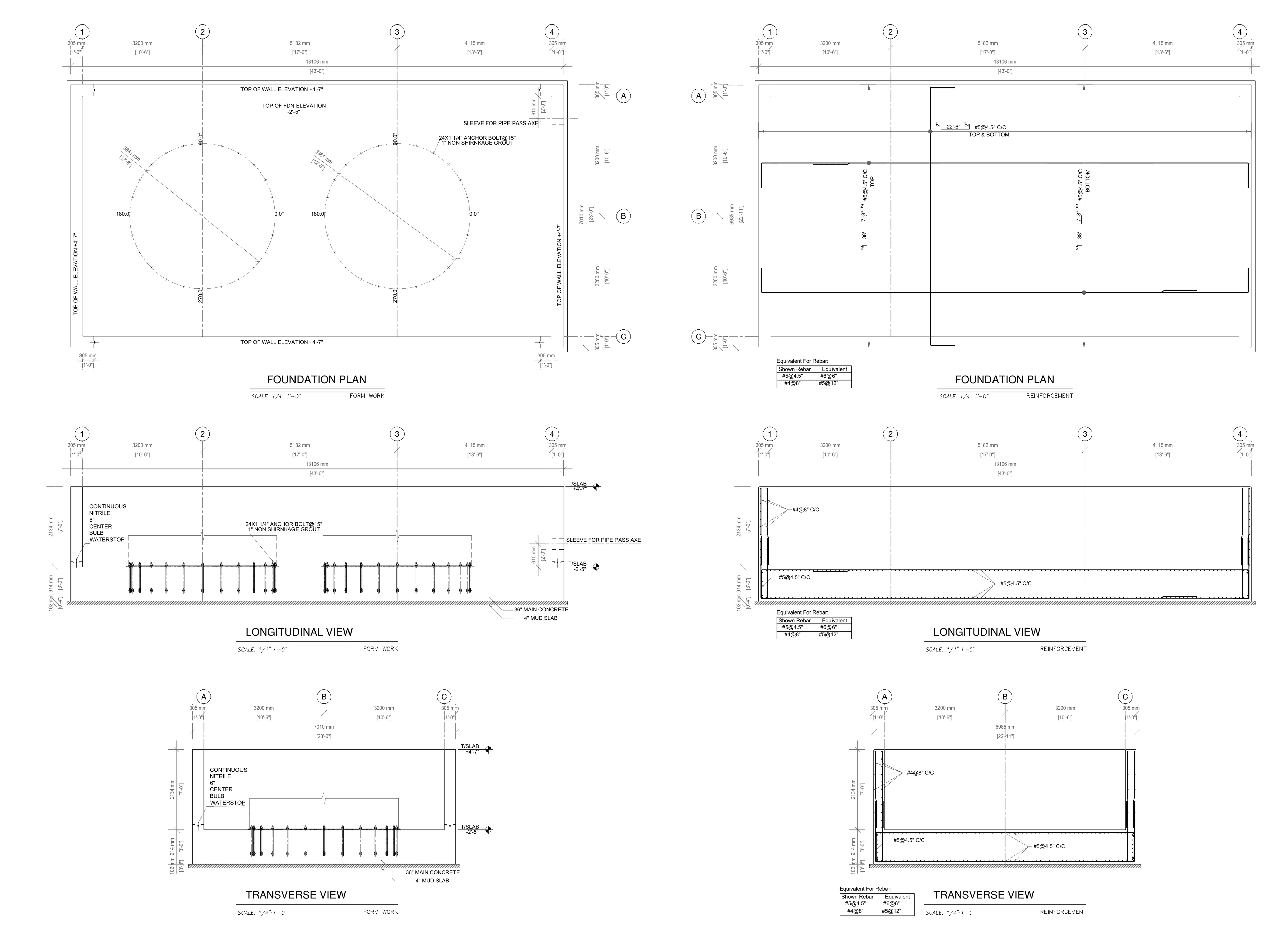Aboveground storage tank foundation plans, reinforcement, and containment-wall sections for the San Leandro project.