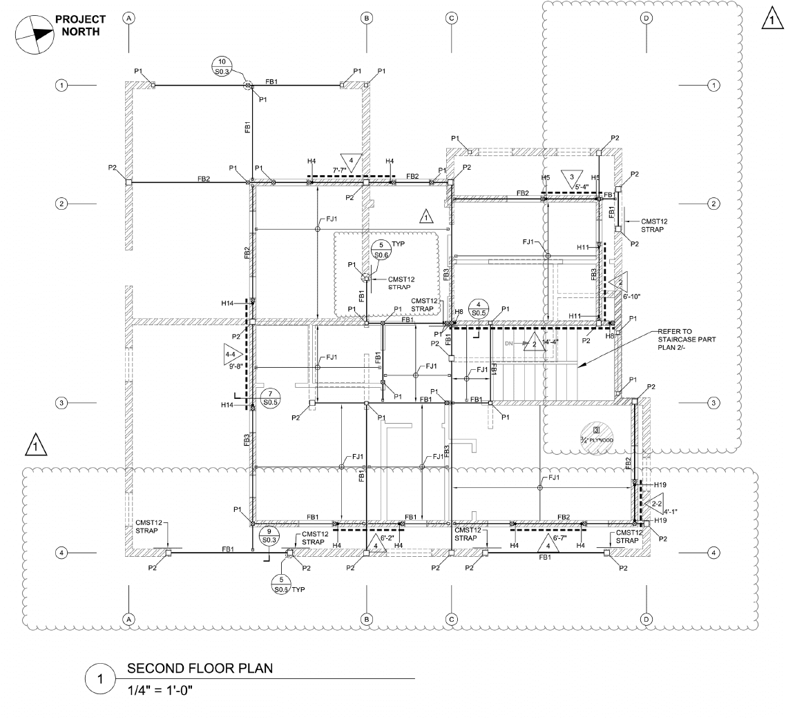 Sunnyvale second-floor framing plan showing beams, joists, shear walls, and connections around the stair opening.