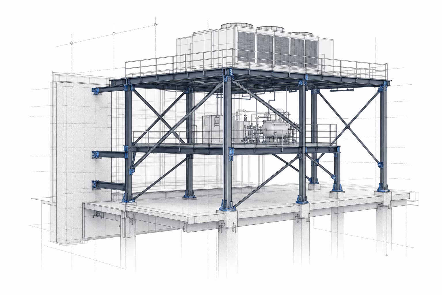 Conceptual structural section showing framing, equipment support, anchorage, and load paths.