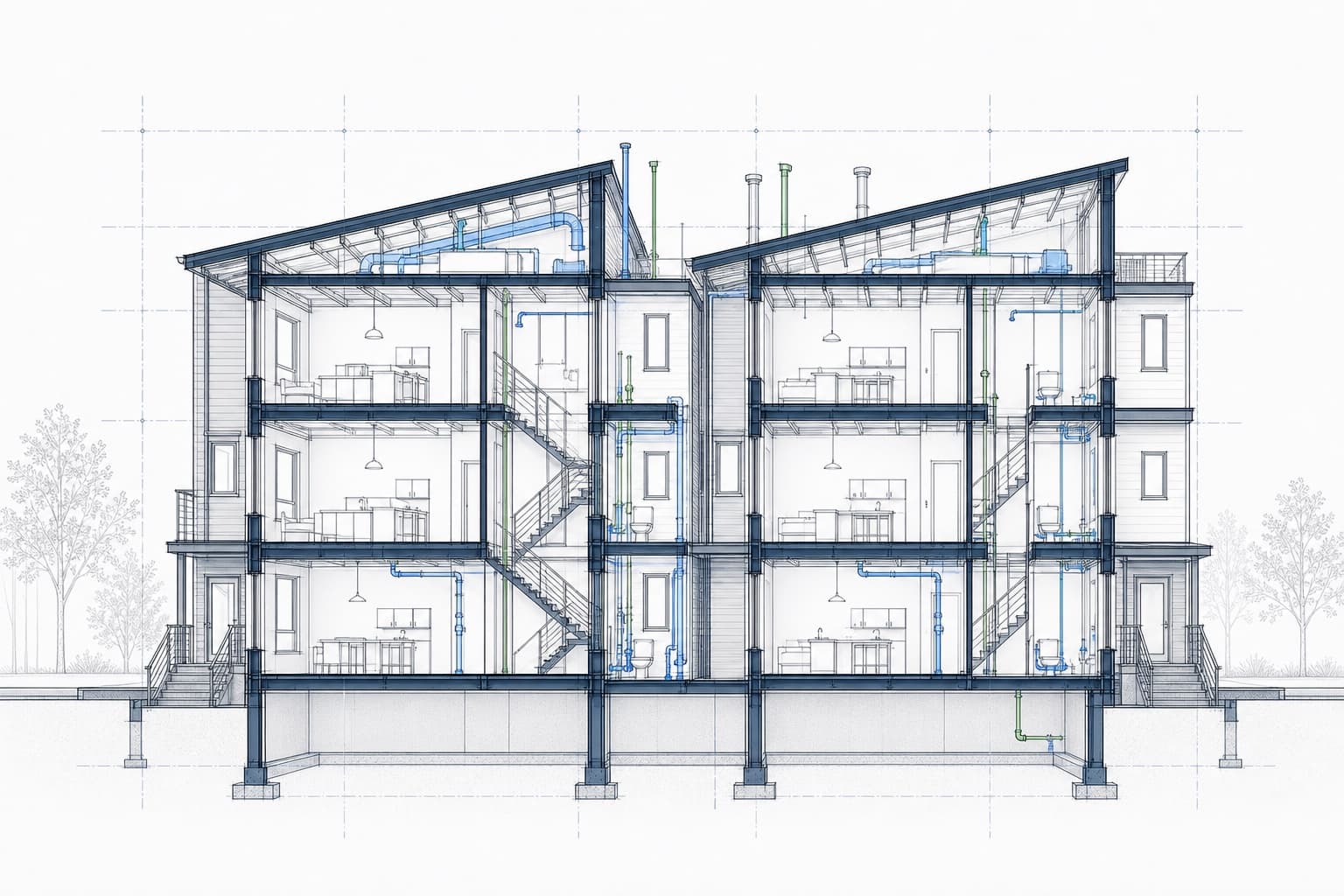 Conceptual multifamily building section showing coordinated structural framing and building systems.